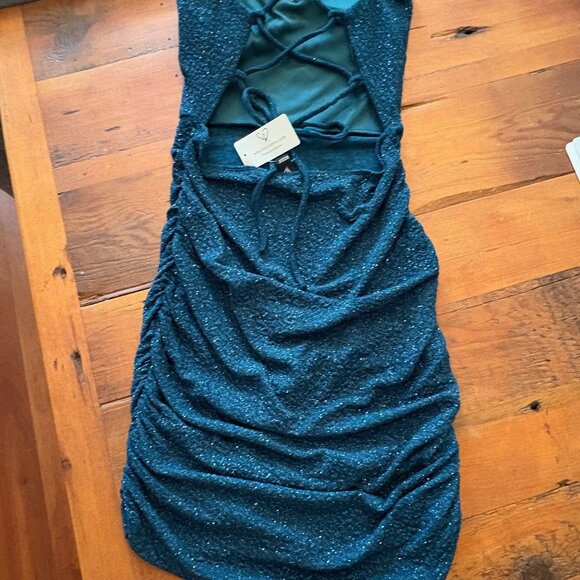 WINDSOR: MY SPARKLE GLITTER LACEUP MINIDRESS - TEAL; SIZE L; NWT - Picture 6 of 8